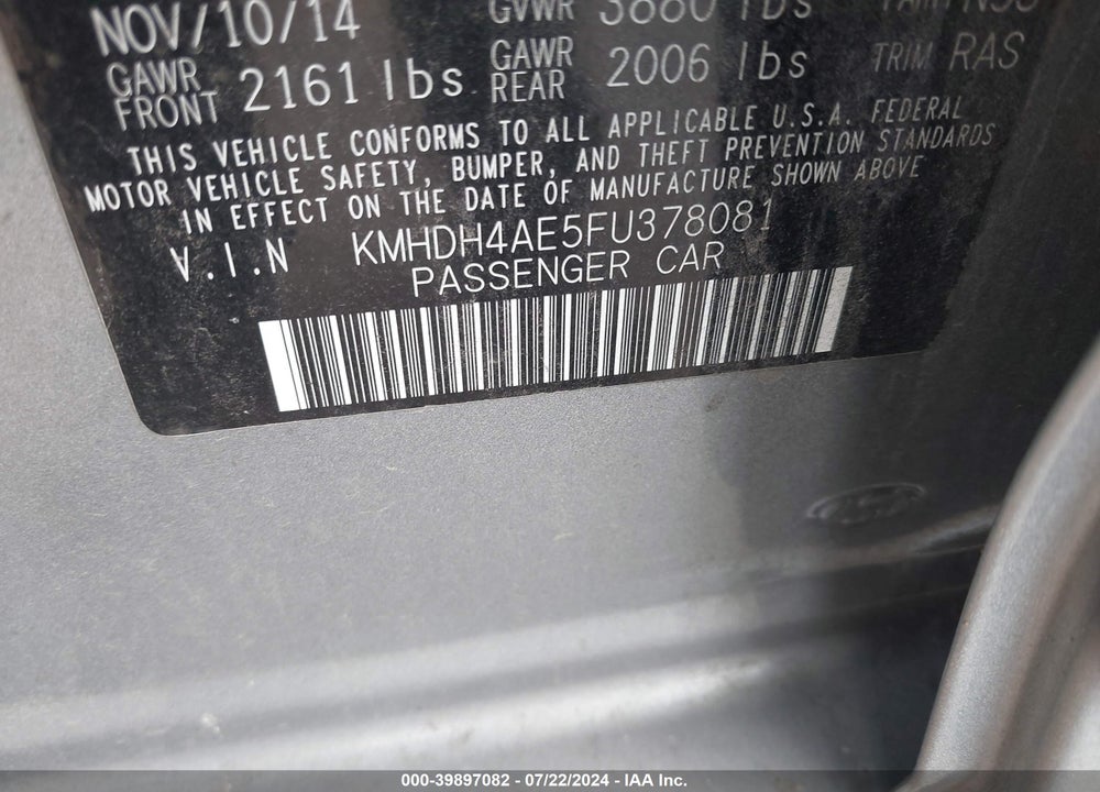 2015 HYUNDAI ELANTRA VIN: KMHDH4AE5FU378081
