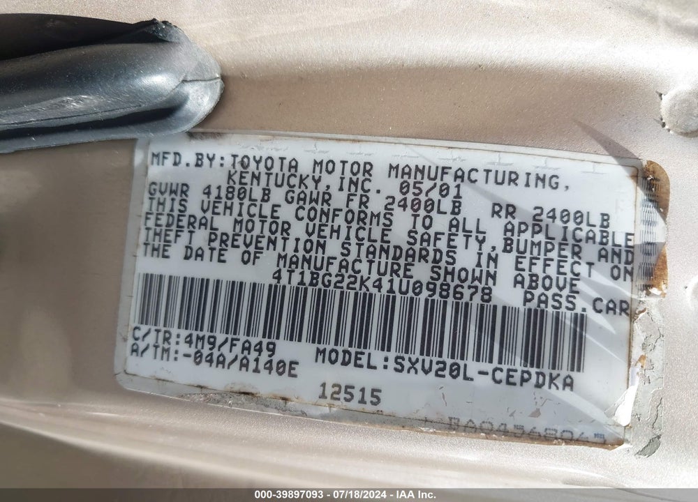 2001 TOYOTA CAMRY CE VIN: 4T1BG22K41U098678