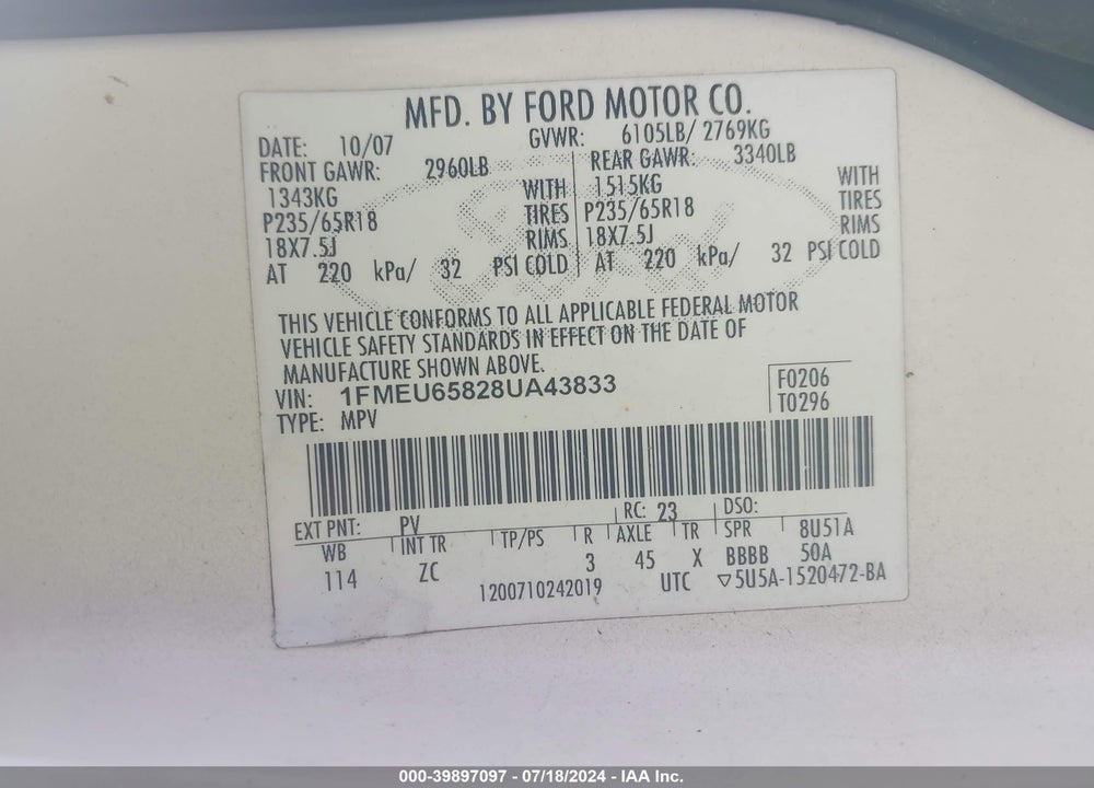 2008 FORD EXPLORER LIMITED VIN: 1FMEU65828UA43833