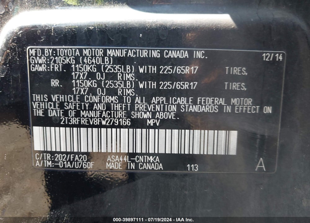 2015 TOYOTA RAV4 XLE VIN: 2T3RFREV8FW279166