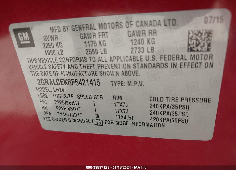 2015 CHEVROLET EQUINOX 2LT VIN: 2GNALCEK8F6421415