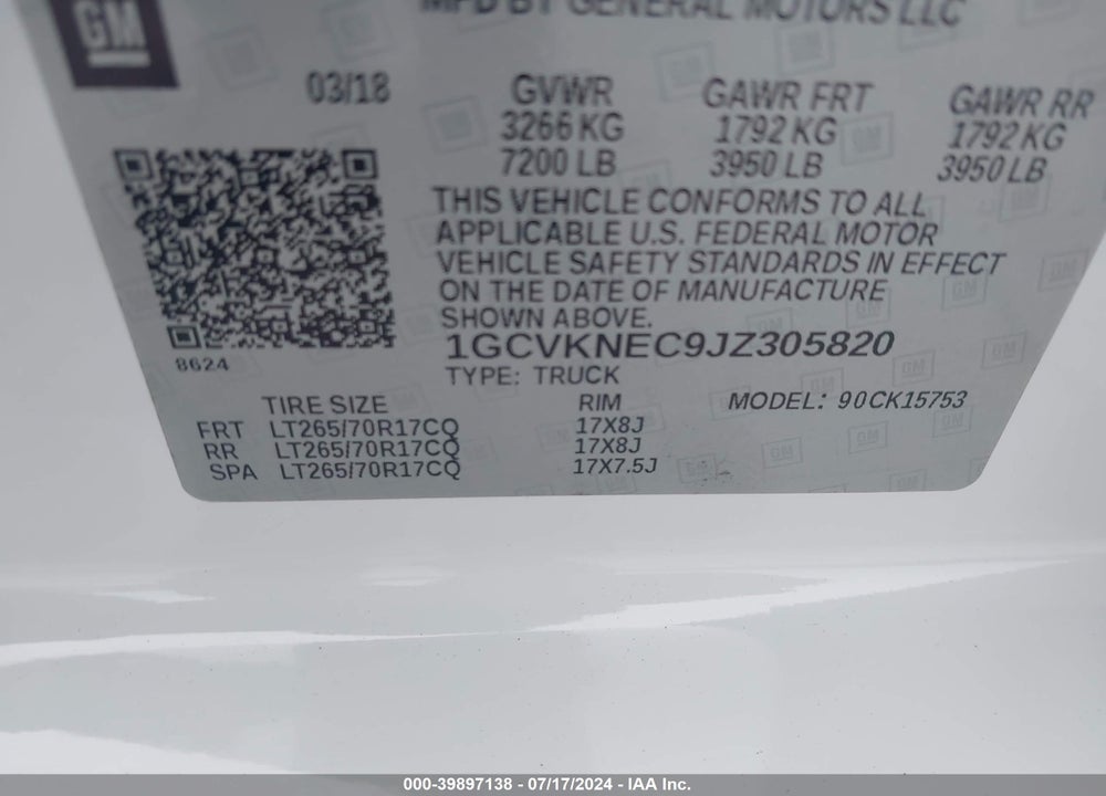 2018 CHEVROLET SILVERADO 1500 WT VIN: 1GCVKNEC9JZ305820