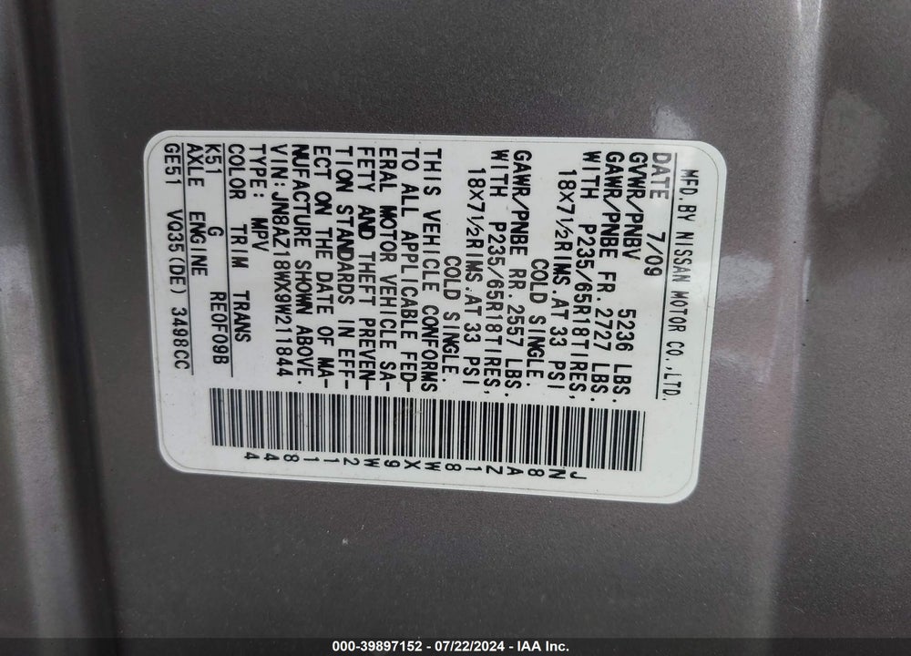 2009 NISSAN MURANO SL VIN: JN8AZ18WX9W211844