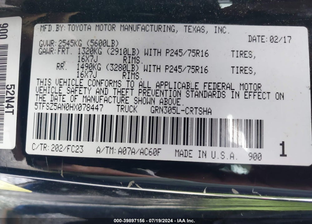 2017 TOYOTA TACOMA SR5 V6 VIN: 5TFSZ5AN0HX078447