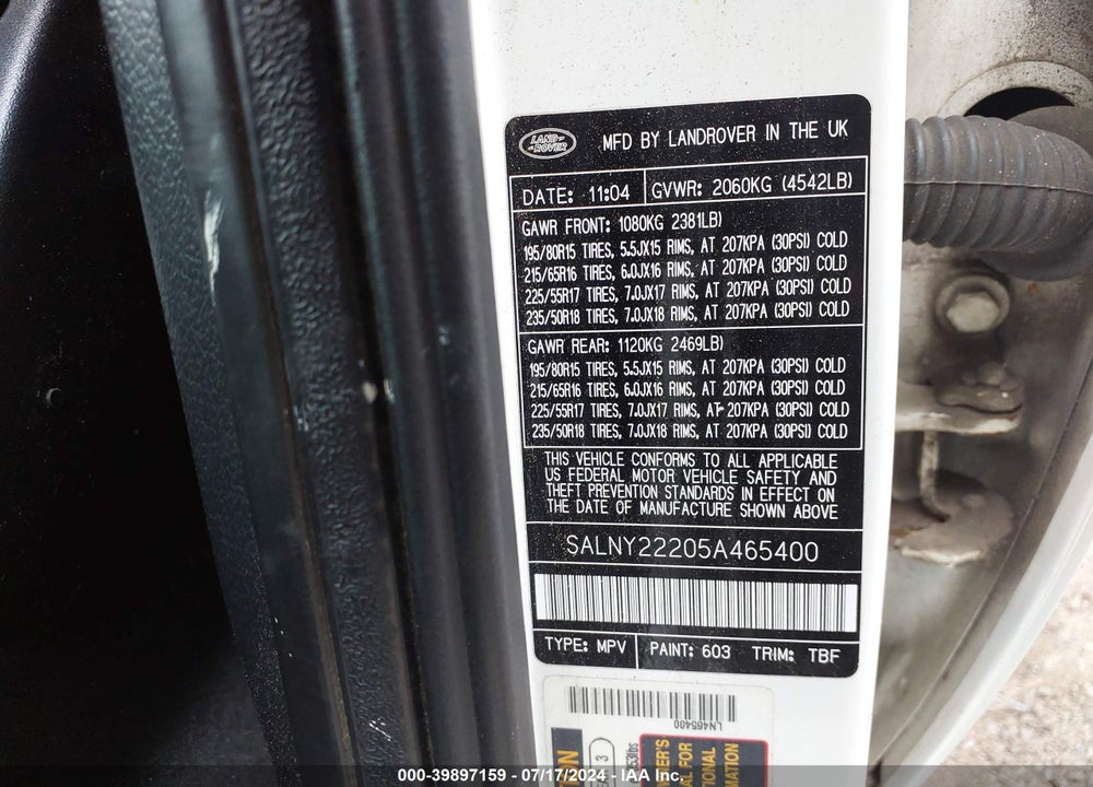 2005 LAND ROVER FREELANDER SE VIN: SALNY22205A465400