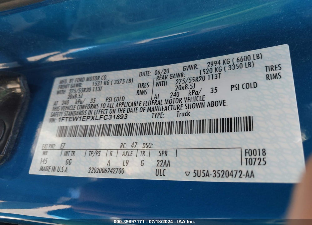 2020 FORD F-150 XL VIN: 1FTEW1EPXLFC31893