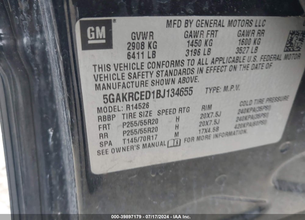 2011 BUICK ENCLAVE 2XL VIN: 5GAKRCED1BJ134655