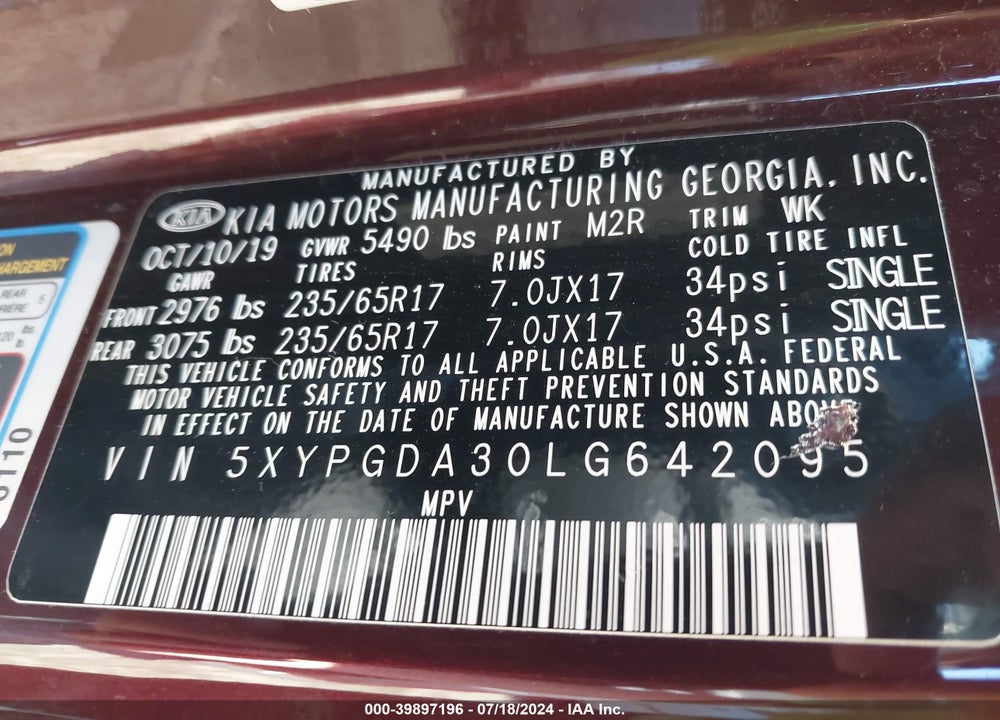 2020 KIA SORENTO 2.4L LX VIN: 5XYPGDA30LG642095