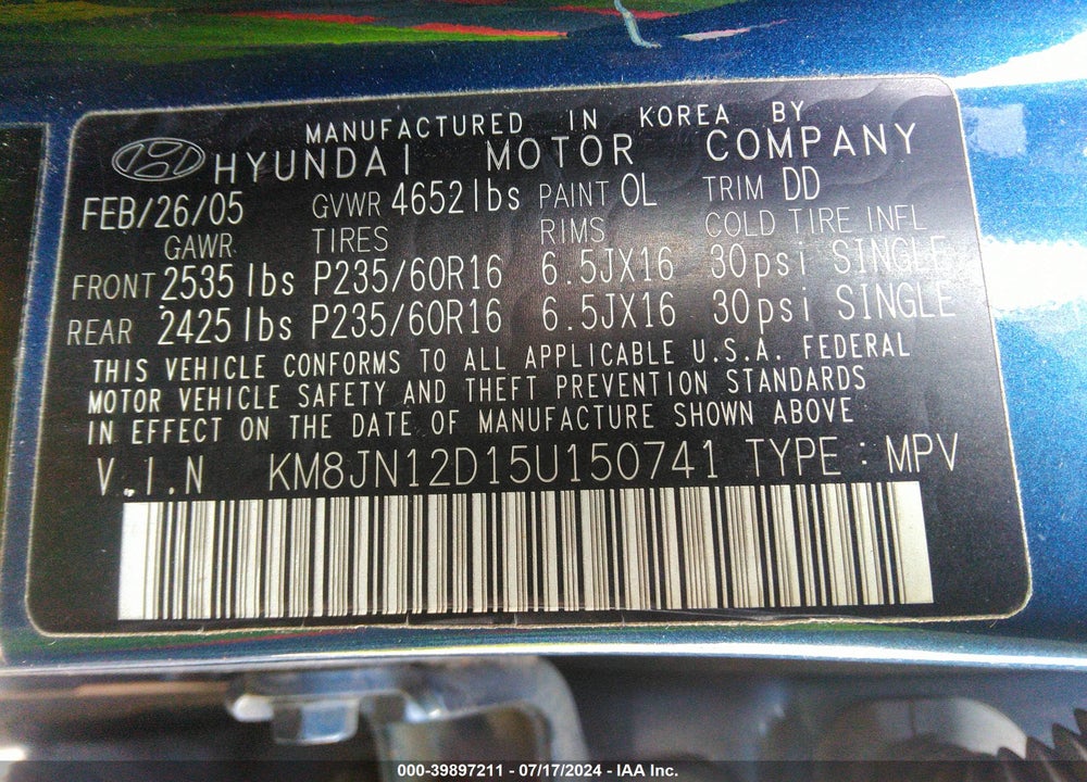 2005 HYUNDAI TUCSON VIN: KM8JN12D15U150741
