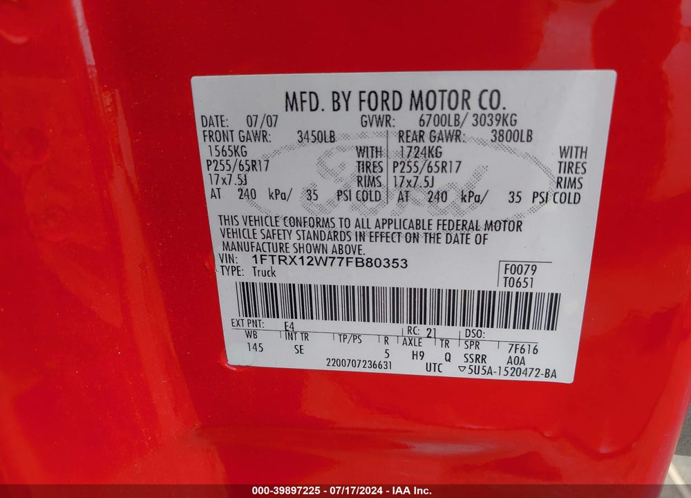 2007 FORD F-150 STX/XL/XLT VIN: 1FTRX12W77FB80353