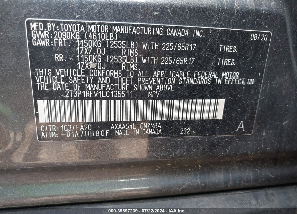 2020 TOYOTA RAV4 XLE VIN: 2T3P1RFV1LC135511