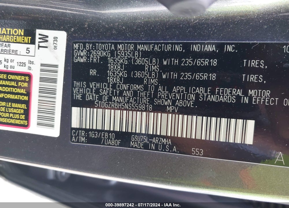 2022 TOYOTA HIGHLANDER XLE VIN: 5TDGZRBH5NS559818