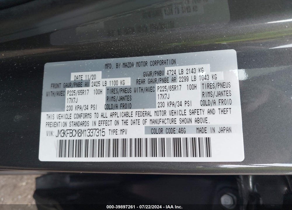 2021 MAZDA CX-5 TOURING VIN: JM3KFBCM8M1337315