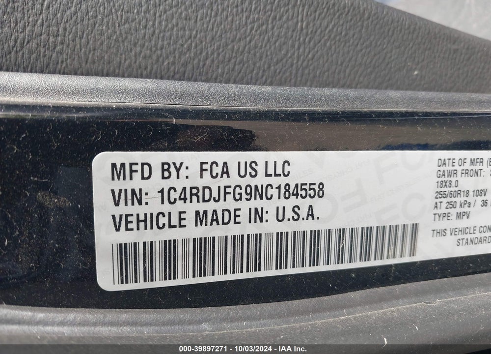 2022 DODGE DURANGO PURSUIT AWD VIN: 1C4RDJFG9NC184558