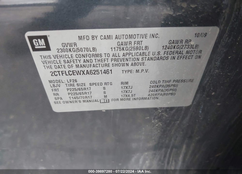 2010 GMC TERRAIN SLE-1 VIN: 2CTFLCEWXA6251461