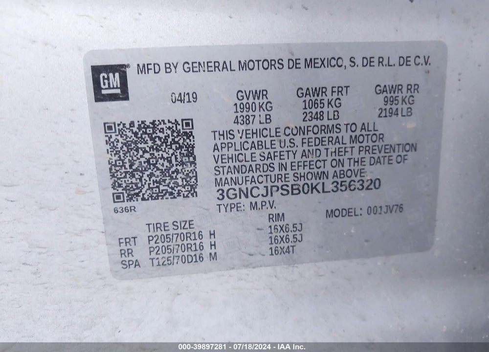 2019 CHEVROLET TRAX LT VIN: 3GNCJPSB0KL356320