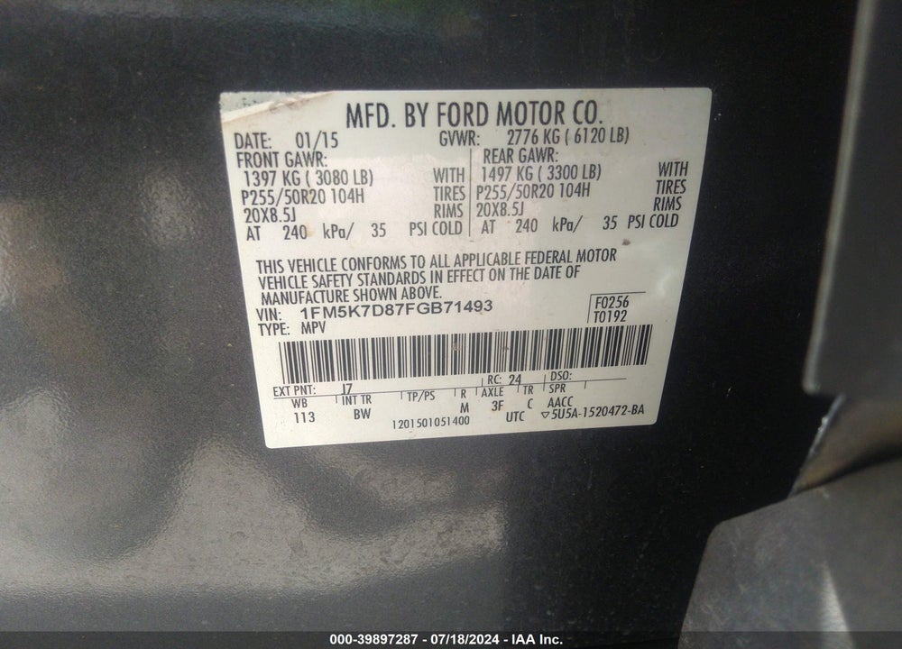 2015 FORD EXPLORER XLT VIN: 1FM5K7D87FGB71493