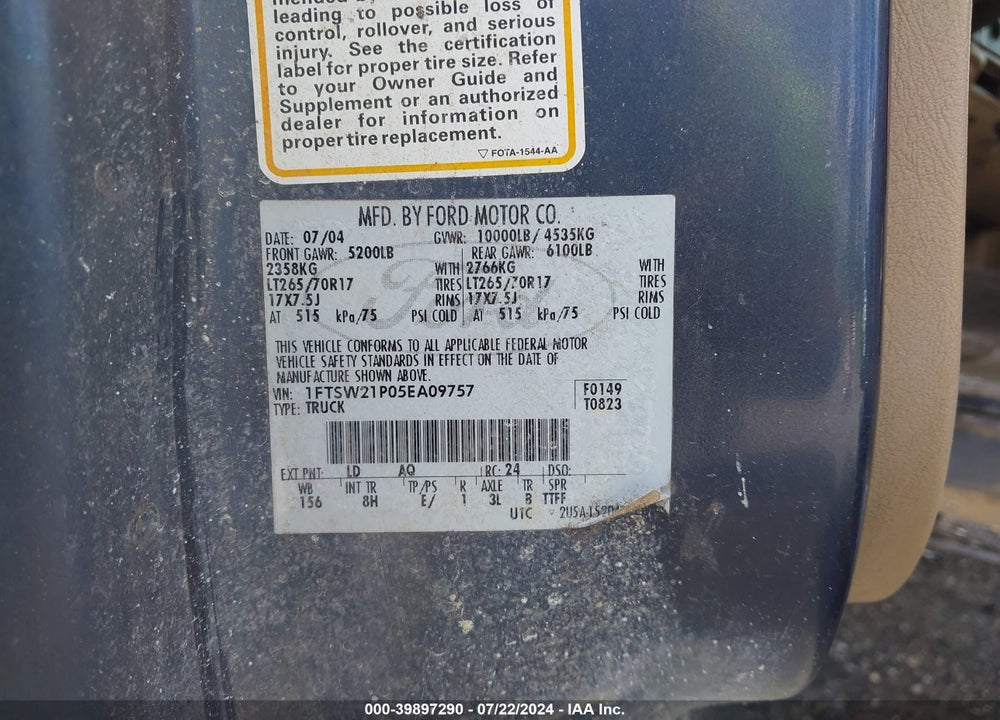 2005 FORD F-250 LARIAT/XL/XLT VIN: 1FTSW21P05EA09757