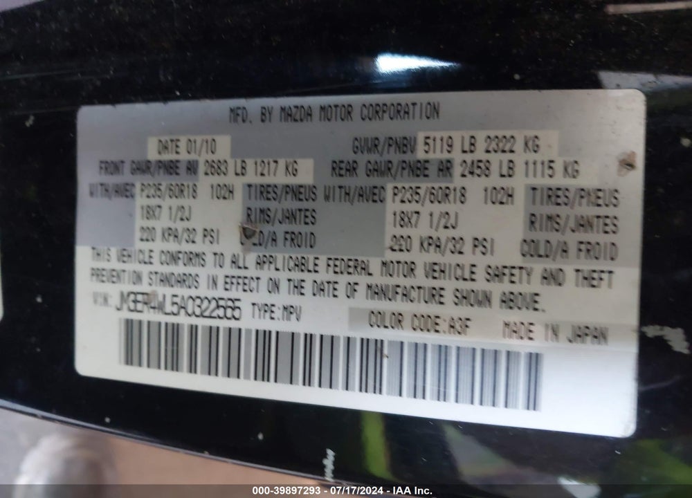 2010 MAZDA CX-7 S TOURING VIN: JM3ER4WL5A0322565