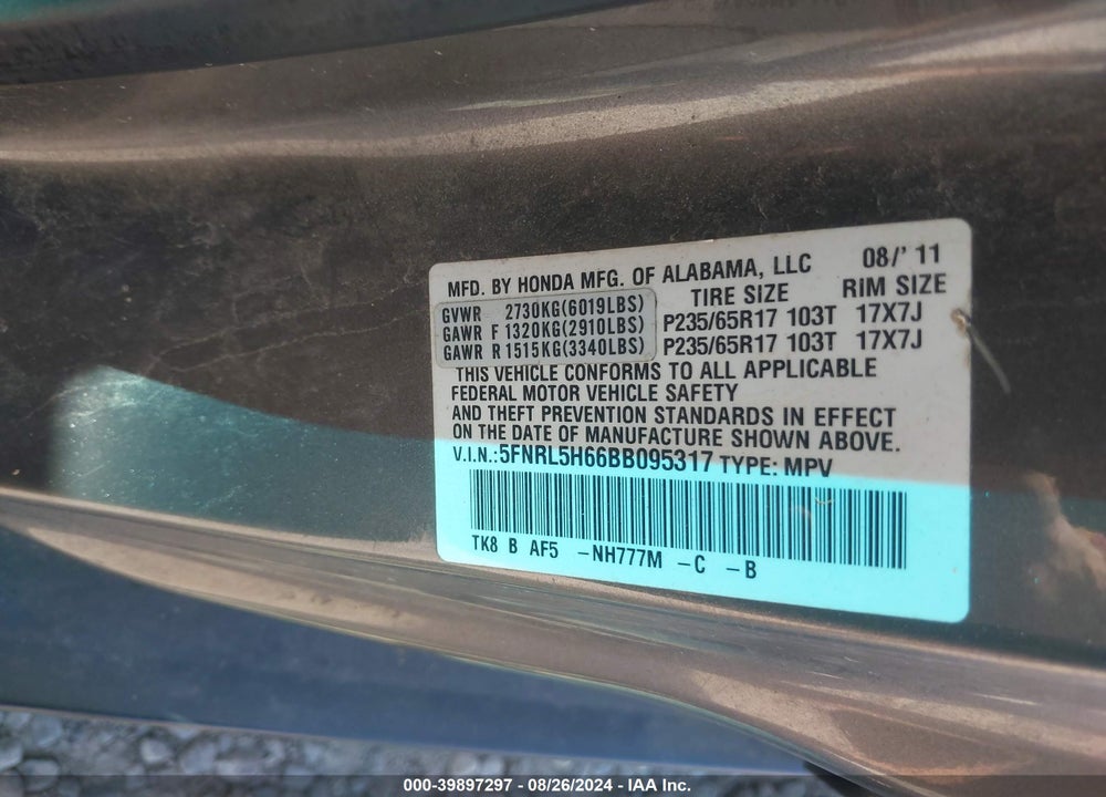 2011 HONDA ODYSSEY EX-L VIN: 5FNRL5H66BB095317