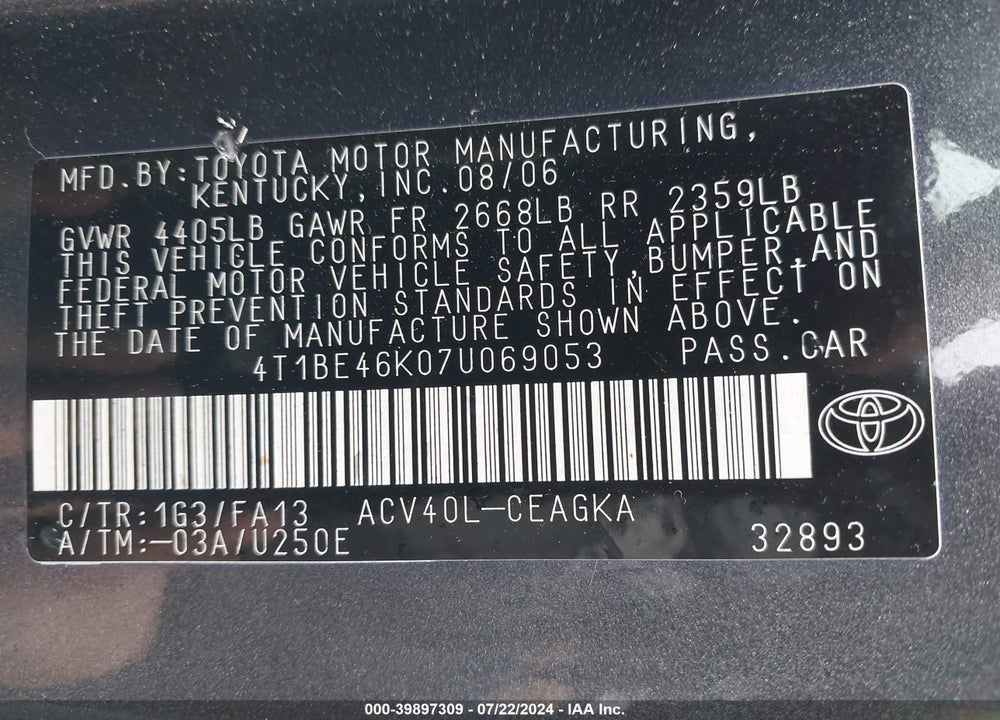2007 TOYOTA CAMRY XLE VIN: 4T1BE46K07U069053