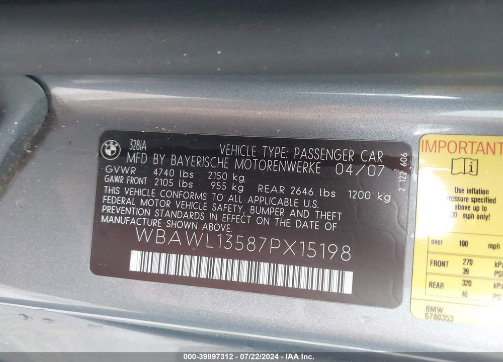 2007 BMW 328I VIN: WBAWL13587PX15198