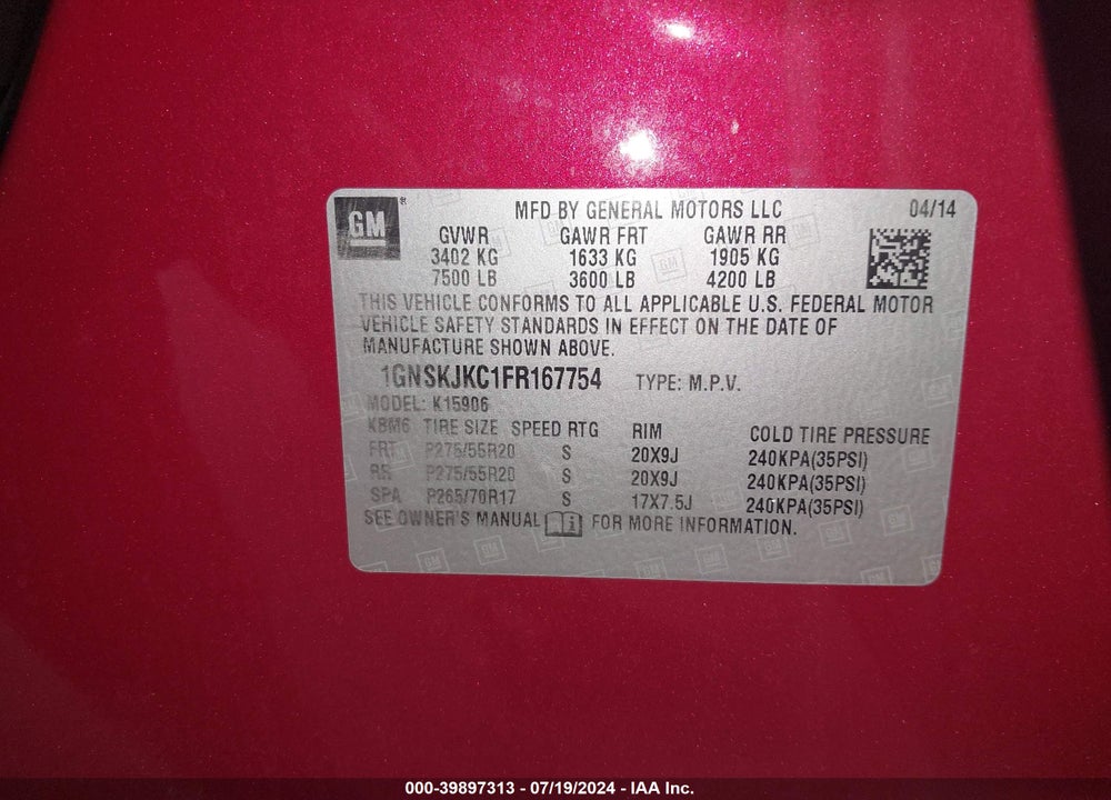 2015 CHEVROLET SUBURBAN 1500 LT VIN: 1GNSKJKC1FR167754
