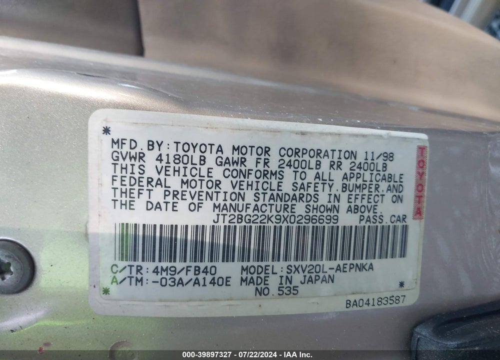 1999 TOYOTA CAMRY LE VIN: JT2BG22K9X0296699