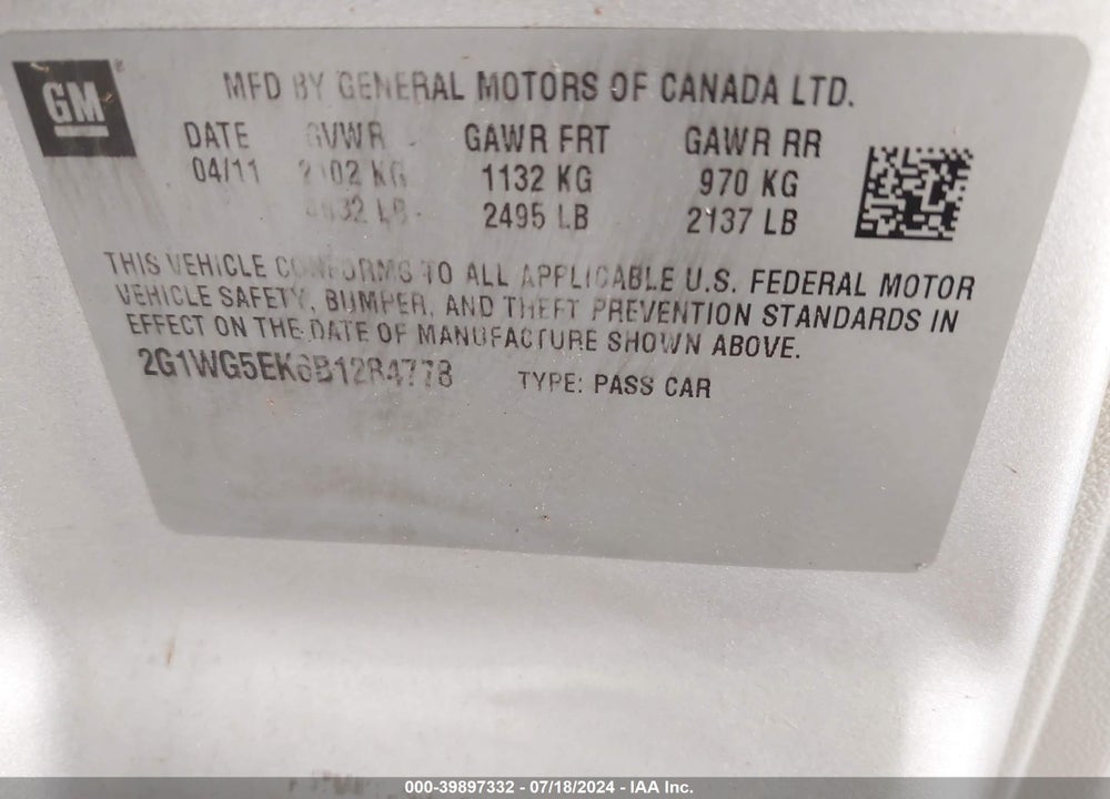 2011 CHEVROLET IMPALA LT VIN: 2G1WG5EK6B1284778