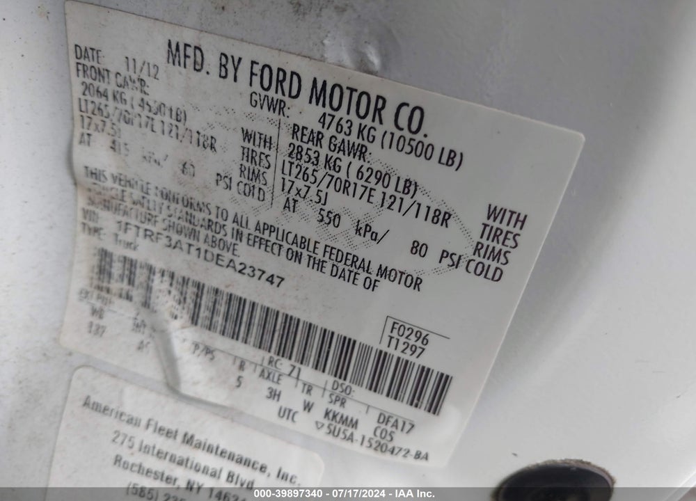 2013 FORD F-350 XL VIN: 1FTRF3AT1DEA23747