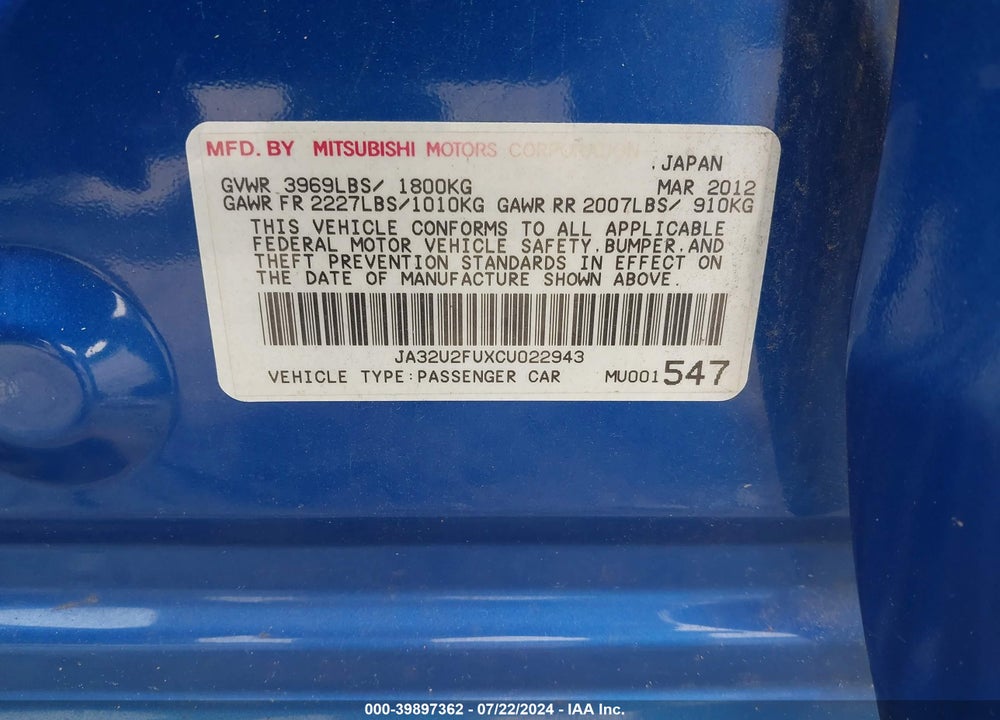 2012 MITSUBISHI LANCER ES VIN: JA32U2FUXCU022943