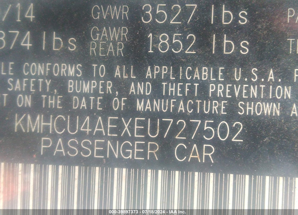 2014 HYUNDAI ACCENT GLS VIN: KMHCU4AEXEU727502