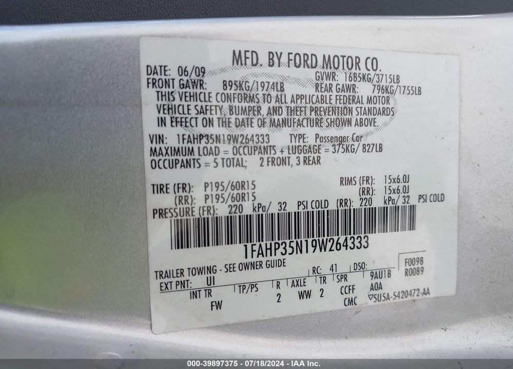 2009 FORD FOCUS SE VIN: 1FAHP35N19W264333