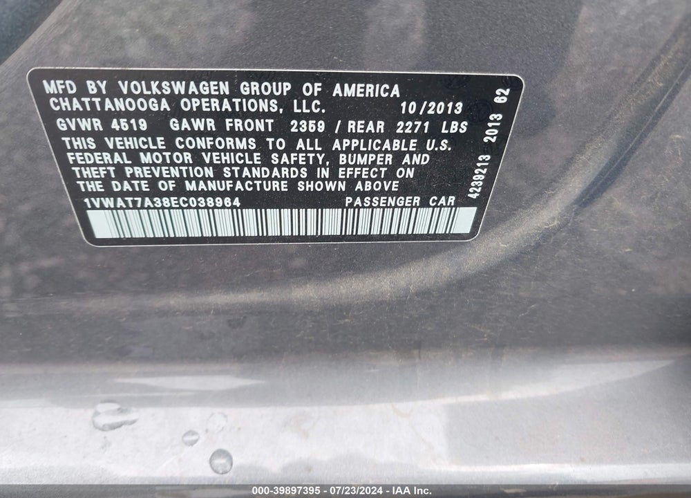 2014 VOLKSWAGEN PASSAT 1.8T WOLFSBURG EDITION VIN: 1VWAT7A38EC038964