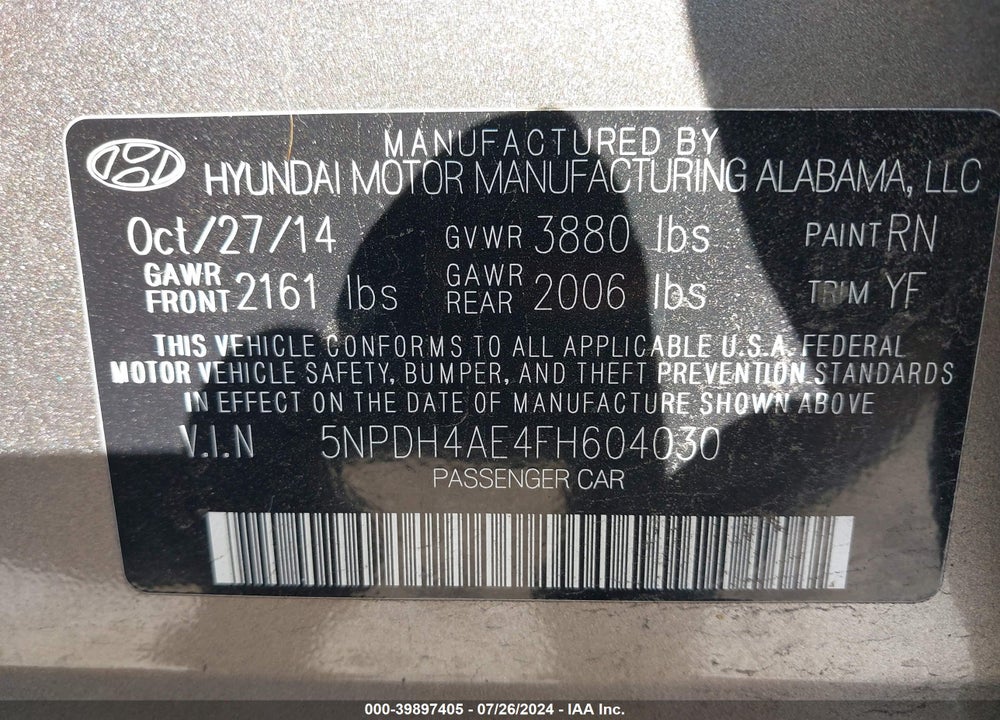 2015 HYUNDAI ELANTRA SE VIN: 5NPDH4AE4FH604030
