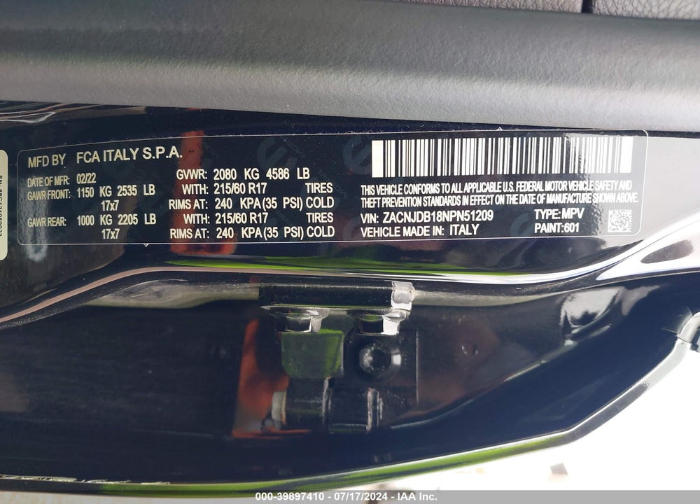 2022 JEEP RENEGADE LATITUDE 4X4 VIN: ZACNJDB18NPN51209