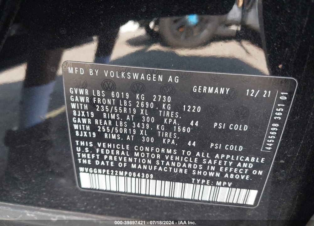 2021 VOLKSWAGEN ID.4 AWD PRO S VIN: WVGGNPE22MP064309