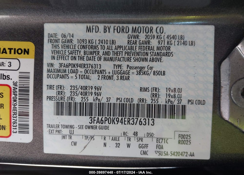 2014 FORD FUSION TITANIUM VIN: 3FA6P0K94ER376313