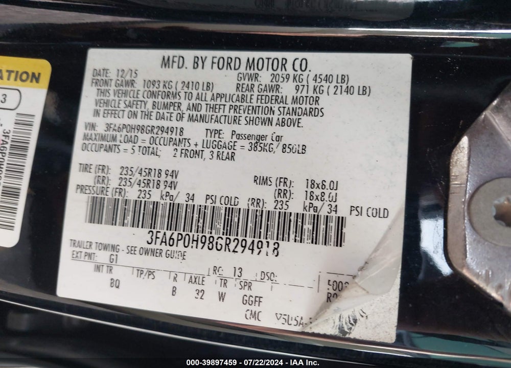 2016 FORD FUSION VIN: 3FA6P0H98GR294918