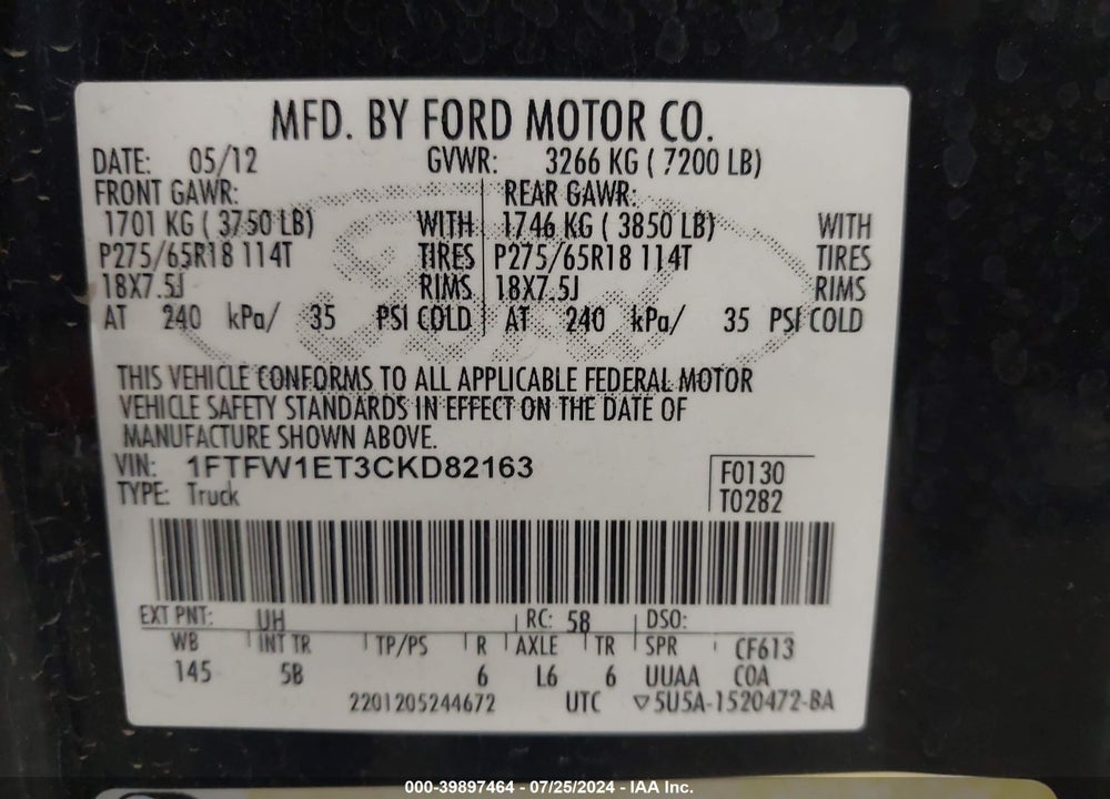 2012 FORD F-150 VIN: 1FTFW1ET3CKD82163