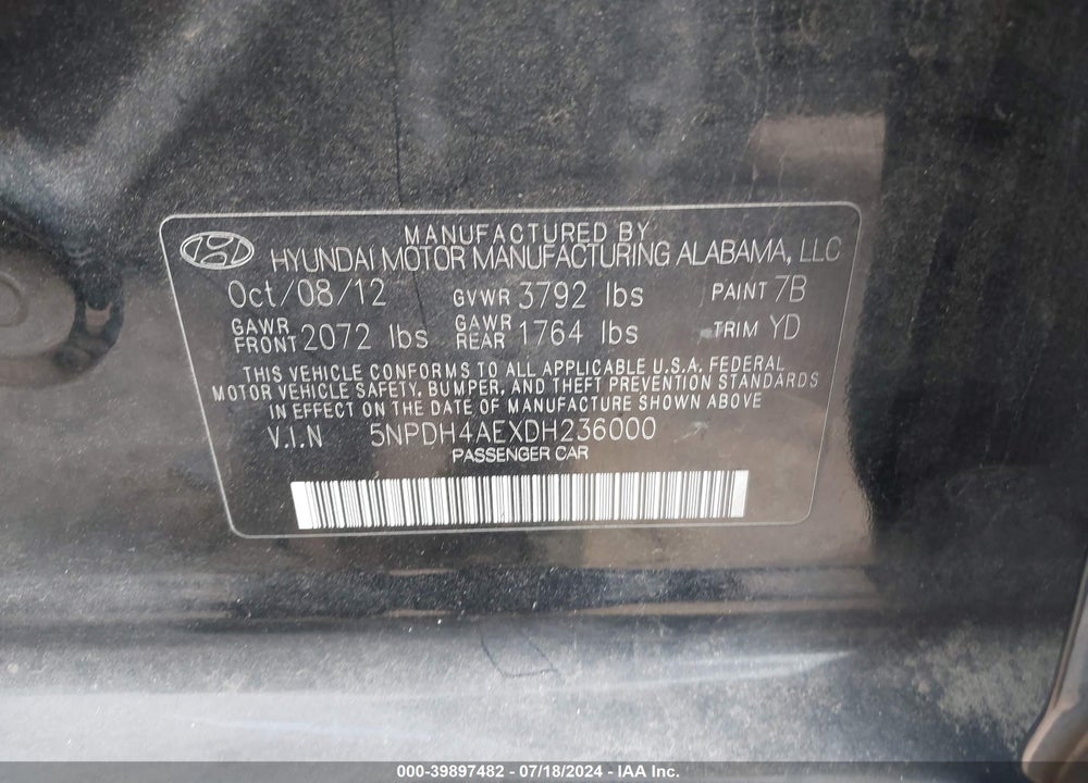 2013 HYUNDAI ELANTRA GLS VIN: 5NPDH4AEXDH236000