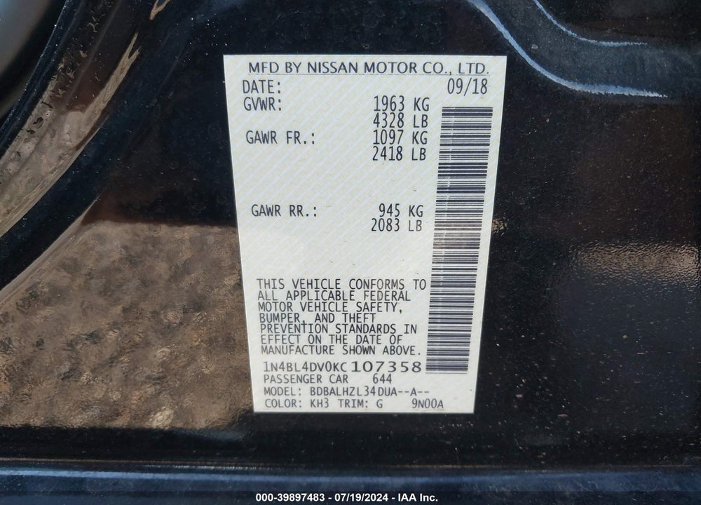 2019 NISSAN ALTIMA 2.5 SV VIN: 1N4BL4DV0KC107358
