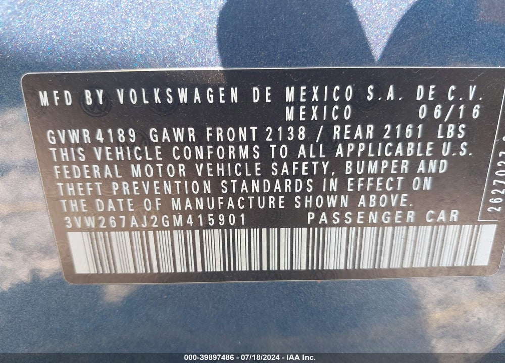 2016 VOLKSWAGEN JETTA 1.4T S VIN: 3VW267AJ2GM415901