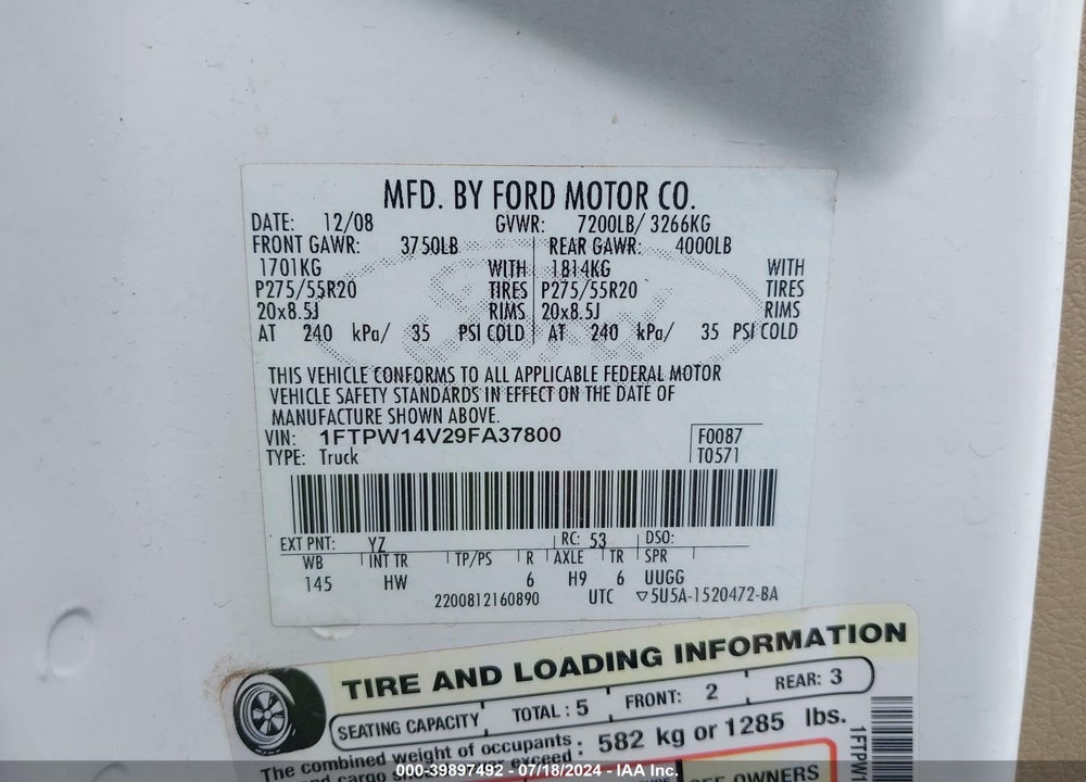 2009 FORD F-150 LARIAT VIN: 1FTPW14V29FA37800