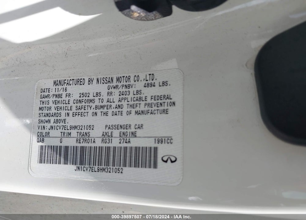 2017 INFINITI Q60 2.0T PREMIUM VIN: JN1CV7EL9HM321052