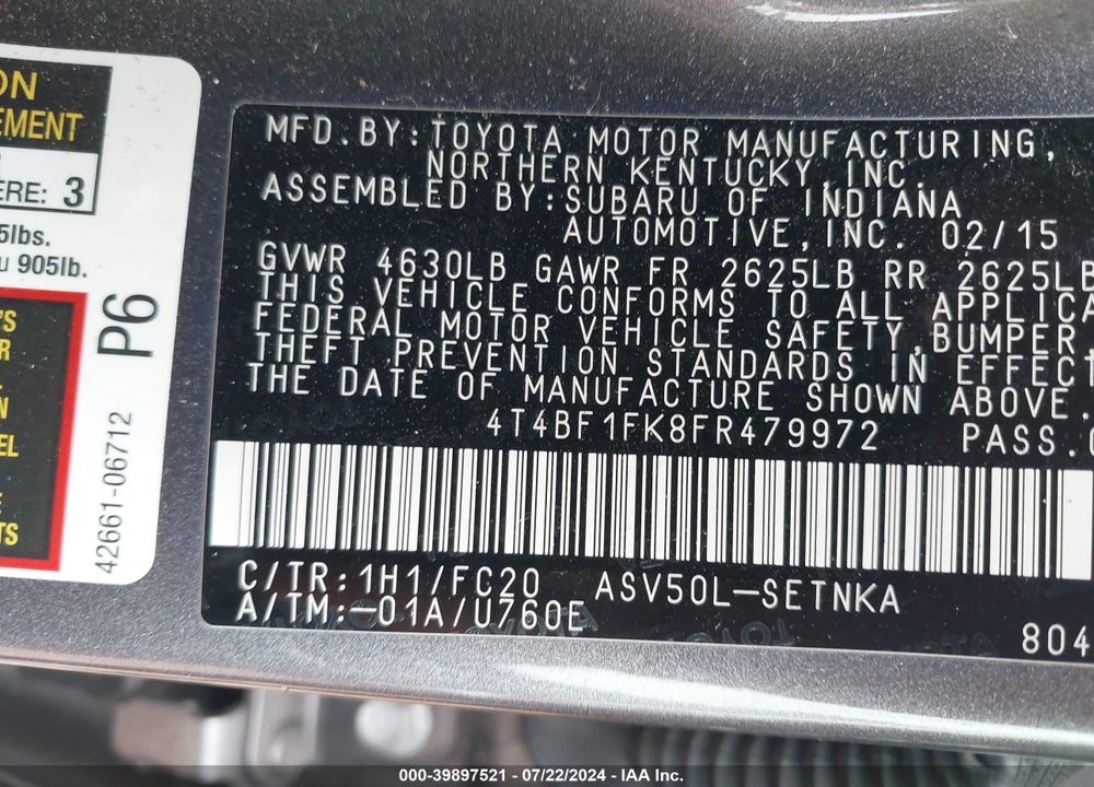 2015 TOYOTA CAMRY LE VIN: 4T4BF1FK8FR479972