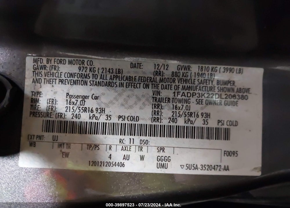 2013 FORD FOCUS SE VIN: 1FADP3K22DL206380