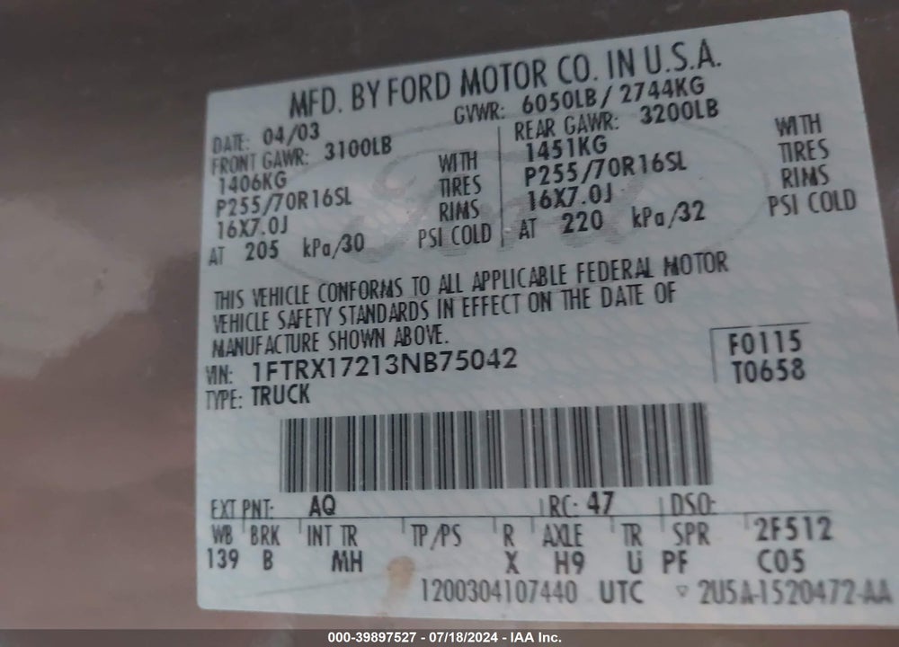 2003 FORD F-150 XL/XLT/XLT HERITAGE VIN: 1FTRX17213NB75042