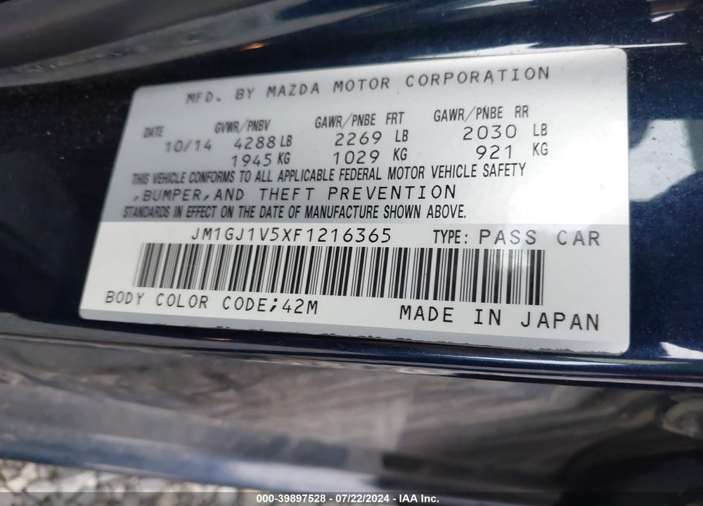 2015 MAZDA 6 I TOURING VIN: JM1GJ1V5XF1216365