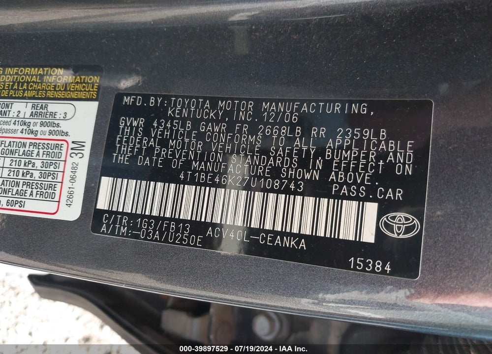 2007 TOYOTA CAMRY LE VIN: 4T1BE46K27U108743
